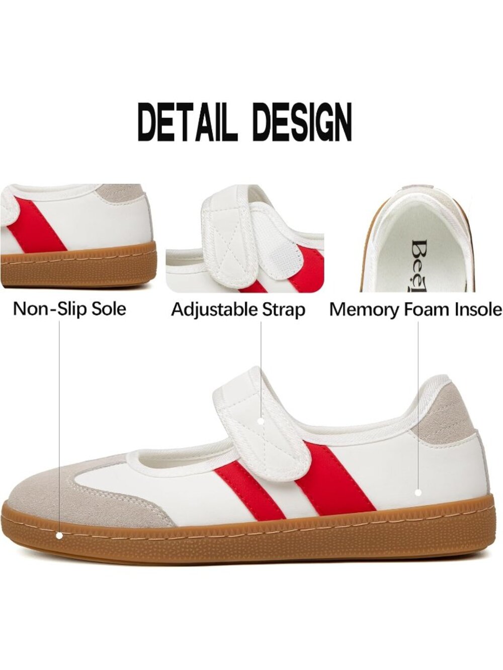 Women's White Red Non Slip Walking Flats Shoes Comfortable Ballet Sneakers - Picture 4 of 7